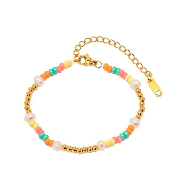 Multicolor Beaded Stainless Steel 18K Gold Plated Braclet Adjustable - Picture 4 of 5